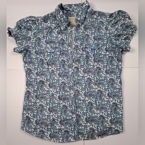 Roper 100% Cotton Blue Paisley Short Sleeve Button Down Blouse Size Large